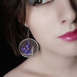 Unique handmade lavender flowers earring, embroidered jewelry, beautiful gift for women