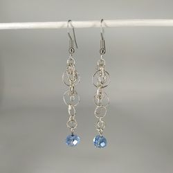 Elegant long chain maille earrings with blue beads