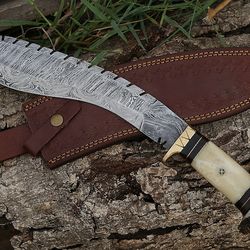 Handmade Damascus Kukri Knife with Stag Horn and Bone Handle Survival Knife Anniversary Gift Camping Knife Gift for Him