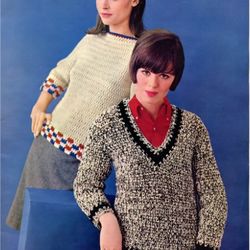 Vintage Crochet Raglan and Tweed V-Neck Pullover PDF Instant Download