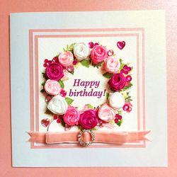Boxed Luxury Birthday Card with Handmade Rosebuds, Elegant Pink Rose Wreath Greeting Card for Birthday Wishes