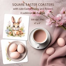 Square Easter Cup Coasters with Easter Cute Bunnies surrounded by flowers 4 inches sizes in PNG format