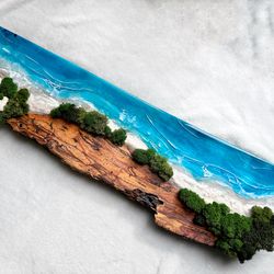 moss wall art with blue ocean resin wood art for beach house resin artwork. stormy seascape artwork.