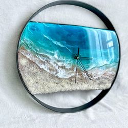 rustic wood wall clock, resin ocean clock. coastal home decor. sea beach lover gift for birthday. housewarming gift.