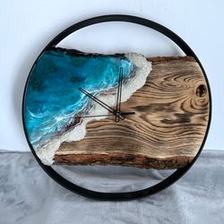 Blue sea wood wall clock, resin ocean clock. Coastal home decor. Sea beach lover gift for birthday. housewarming gift.