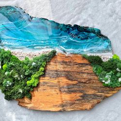 Moss wall decoration with blue ocean resin wood art for Beach house resin artwork. Stormy seascape artwork.