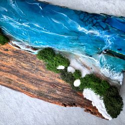 Blue ocean resin wood art. Moss wall art for Beach house resin artwork. Stormy seascape artwork.