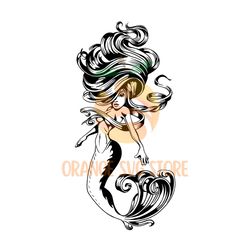 big curly hair sexy little mermaid ariel silhouette svg