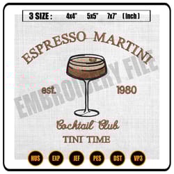espresso martini embroidery design, cocktail club est 1980 embroidery, coffee drink embroidery