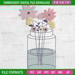 flowers in jar embroidery design, daisy flowers vase embroidery, wildflower embroidery