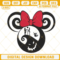 minnie ears nightmare before christmas embroidery designs, jack and sally machine embroidery files