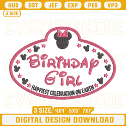 minnie mouse birthday girl embroidery design, happiest celebration on earth embroidery files