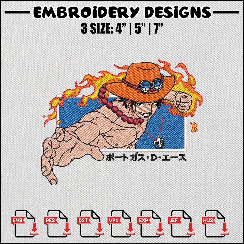 Ace frame embroidery design, One piece embroidery, Anime design, Anime embroidery, Embroidery shirt, Digital download.jpg
