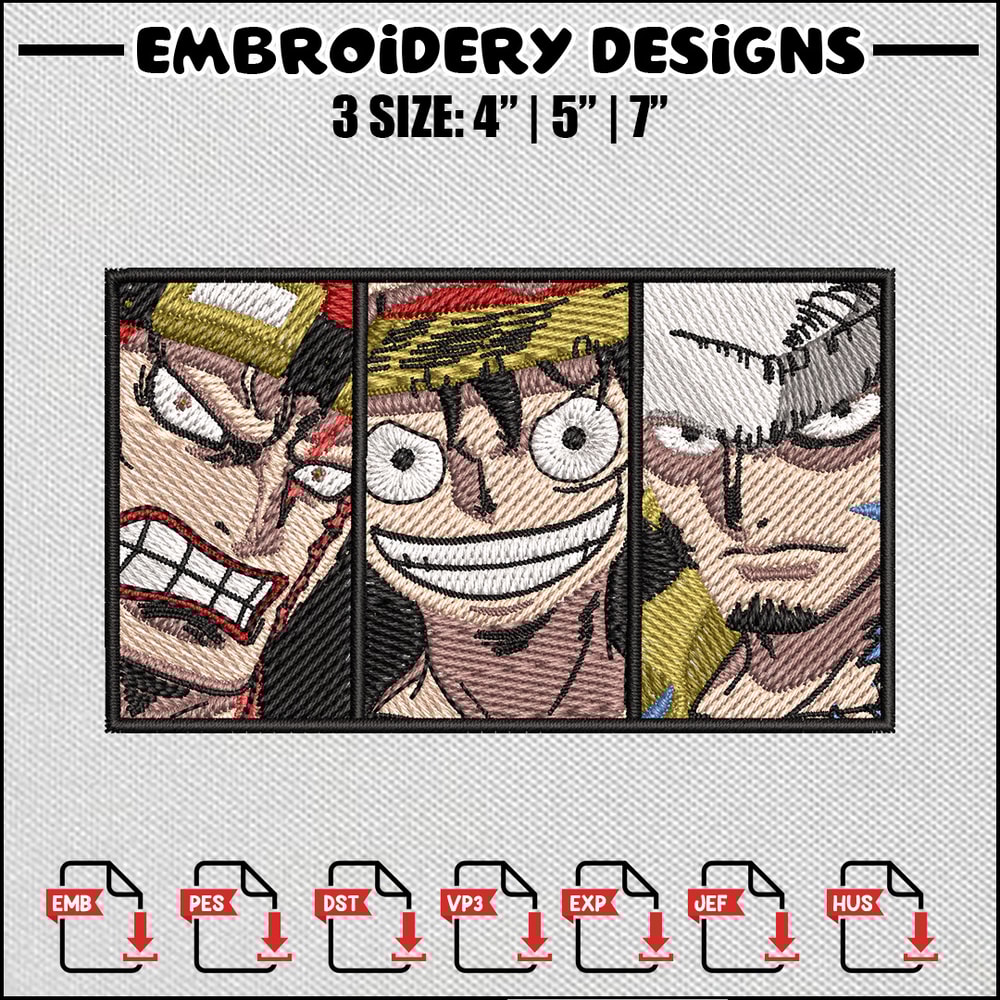 Big 3 embroidery design, One piece embroidery, Embroidery shirt, Embroidery file, Anime design, Digital download.jpg