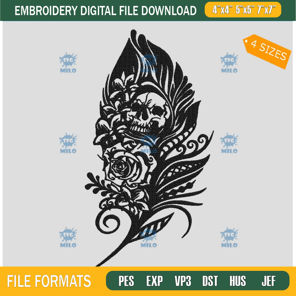 Skull Feather Embroidery Design, Skull Embroidery Design.jpg