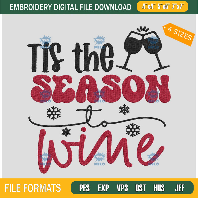 Tis The Season To Wine Embroidery Design, Wine Christmas Embroidery De.jpg