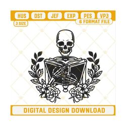 skeleton floral reading book embroidery designs, funny book lover embroidery files.jpg