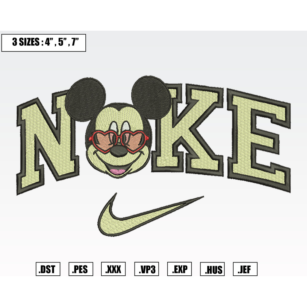 Nike Mickey Mouse Wearing Rosy Heart-Shaped Glasses Embroidery Designs, Valentine Embroidery Files.png