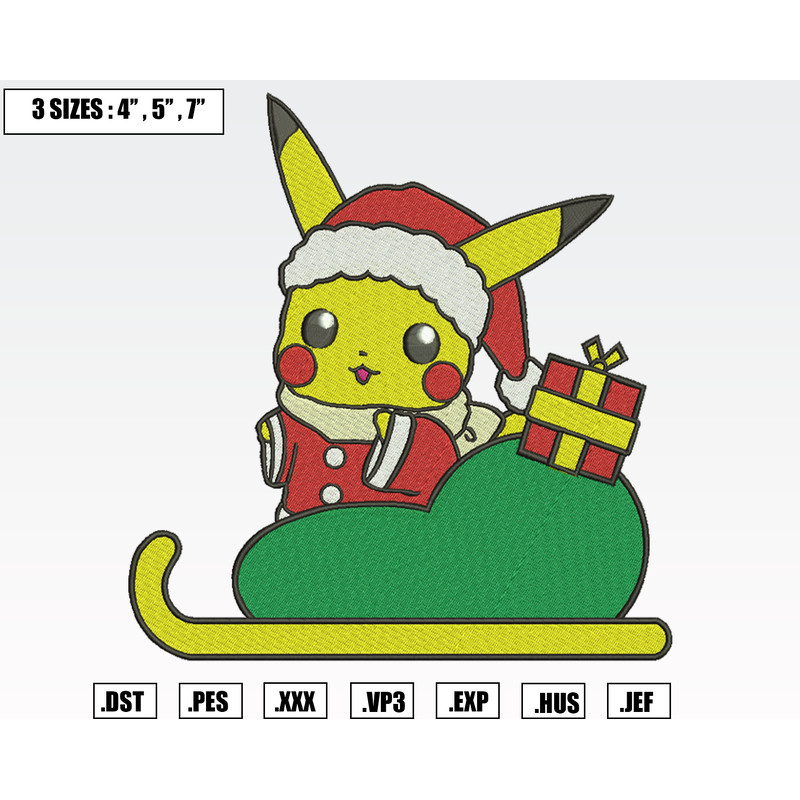 Pikachu Santa Gift Christmas Embroidery Designs, Machine Embroidery Files, Christmas Embroidery Files.png