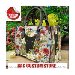 black cat beautiful floral women leather bag, black cat woman handbag, b.jpg