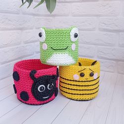 Animal Basket Trio - Frog, Bees and Ladybug - Ideal for Nursery Toy Storage and Animals Baby Room Decor, 3 pc.