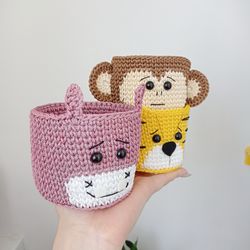 Crochet Tiger, Monkey, and Hippopotamus Baskets - Charming Animal-inspired Baby Room Storage, 3 pc.