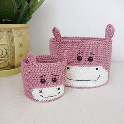Whimsical Nursery Decor: Set Of Crochet Hippopotamus Basket And Toy Organizer, 2 Pcs