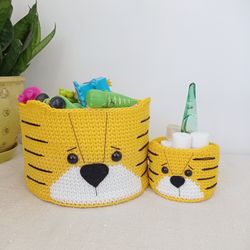 Toy Basket with Cute Crochet Tiger Design - Nursery Room Must-Have, 2 pcs