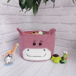 Crochet Hippopotamus Toy Basket - Practical Baby Room Decor, 1 pcs