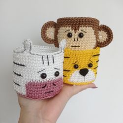 Whimsical Crochet Basket Set: Animal-themed Decorative Baskets for the Baby Room, 3 pc.