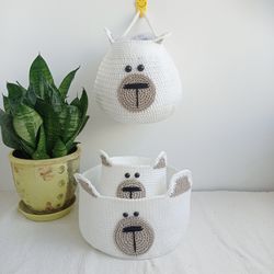Whimsical Bear Basket Nursery Decor - Set of 3 Crochet Animal Baskets for Wall or Shelf