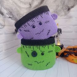 Whimsical Frankenstein Candy Bowl - Handmade Crochet Craft - Ideal for Halloween Decor, 1 pcs