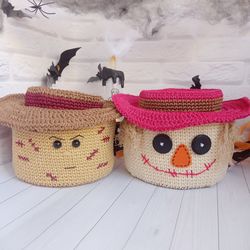 Whimsical Scarecrow Basket - Handmade Crochet Craft - Ideal for Halloween Decor, 1 pcs
