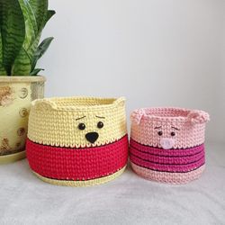 Handmade Toy Basket - Featuring Winnie Design - Ideal for Nursery Room Decor and Organization, 2 pcs