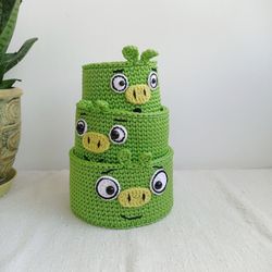 Set of Baskets "Angry birds", Angry pigs toy basket, Angry Birds Decor ,Toy Basket, 3 pcs