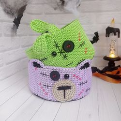 Whimsical Zombie Rabbit and Bear Candy Bowl - Handmade Crochet Craft - Ideal for Halloween Decor, 1 pc