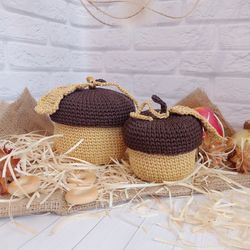 A cozy autumn delight. Handmade Crocheted Acorn Basket for Whimsical Home Decor, 2 Pcs
