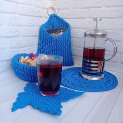 Add a Pop of Blue: Cozy Crochet Basket and Placemat Set for Table Styling, 4 pc