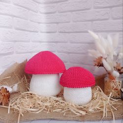 Autumn Delight - Handmade Crochet Red Mushroom Basket for Whimsical Home Decor, 2 pc
