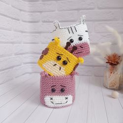 Crochet Zebra, Giraffe, and Hippopotamus Baskets - Charming Animal-inspired Baby Room Storage, 3 pc.