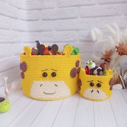Toy Basket with Cute Crochet Giraffe Design - Nursery Room Must-Have, 2 pcs