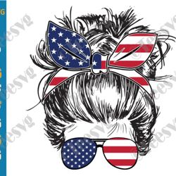 4th of july messy bun hair svg, american patriotic mom bun hair sunglasses headband mom life, usa flag momlife svg files