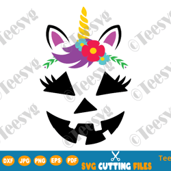 Girl Jack o Lantern SVG PNG Unicorn Girl Pumpkin Face SVG Cute Flowers Halloween Cutting File Clipart Drawing shirt gift