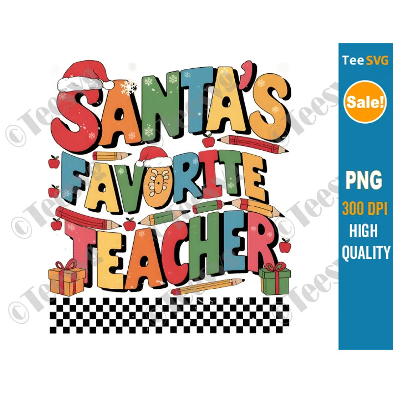 Santas Favorite Teacher PNG Christmas Retro Groovy Santa Hat Sublimation Clipart Transparent Background Images 0