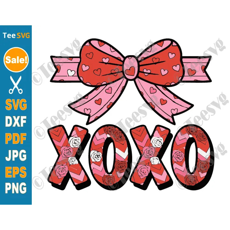 Bow Xoxo Valentine SVG PNG Hearts Flowers Pattern Pink Women Cricut Shirt Design 0