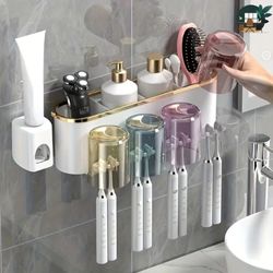 Wall-mounted Toothbrush Holder with Toothpaste Squeezer Space Saving Organizer