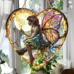 magical fairy night fairy suncatcher, stained glass acrylic heart wall hanging for home & garden decor
