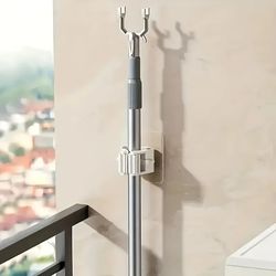 mop holder wall mount, self-adhesive broom stand, space-saving brush & umbrella hook organizer for bathroom, kitchen