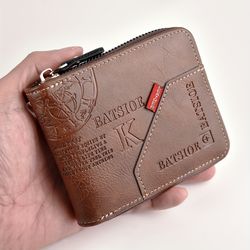 slim wallet for men stylish pu wax oil skin card holder with zipper