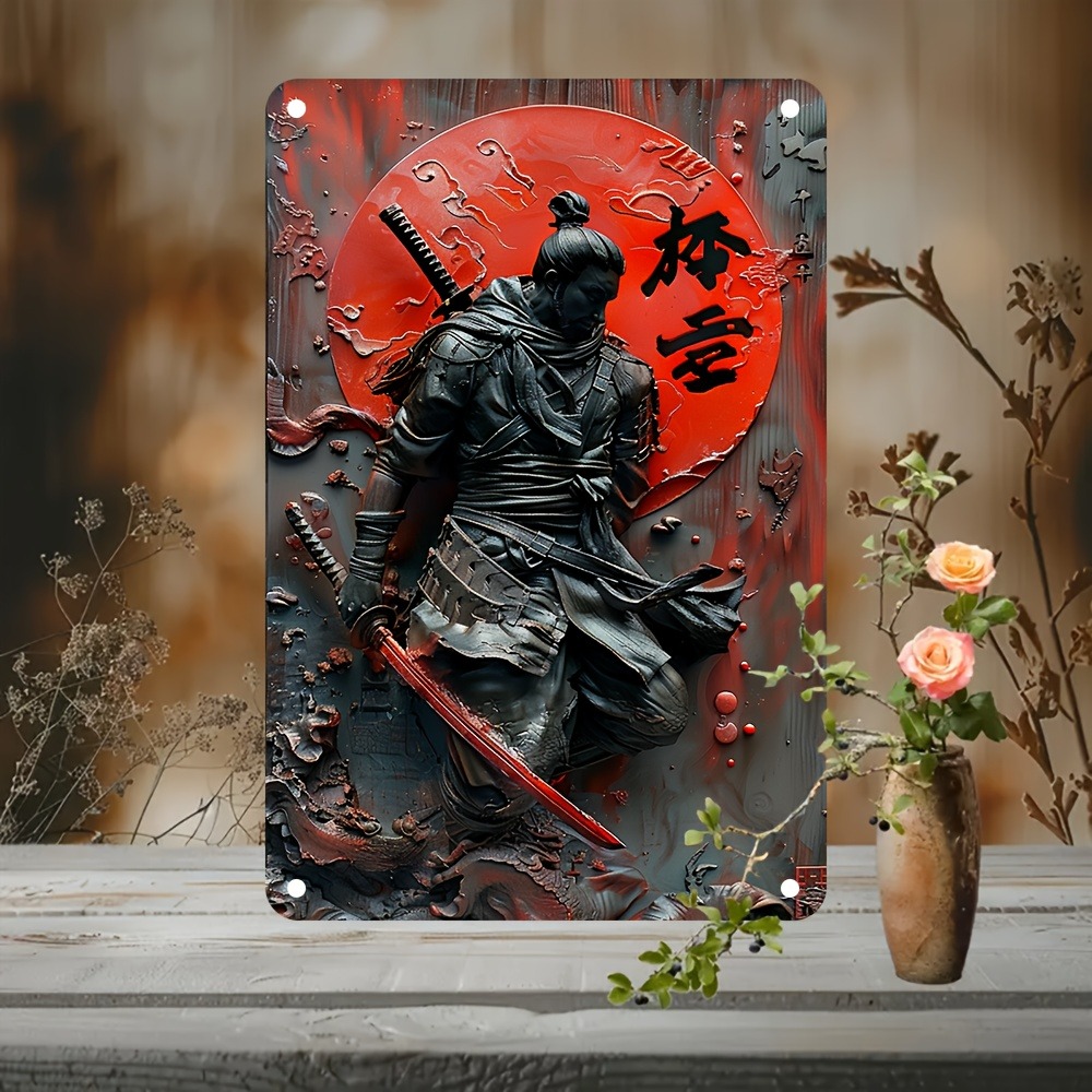 Samurai Sword Art Metal Sign Authentic Japanese Warrior Painting For Cafe Garage HistoryThemed Roo 1